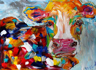 320x234 Karen Tarlton Lovely Cow And Rooster Dance Original Oil Paintings - Abstract Cow Painting