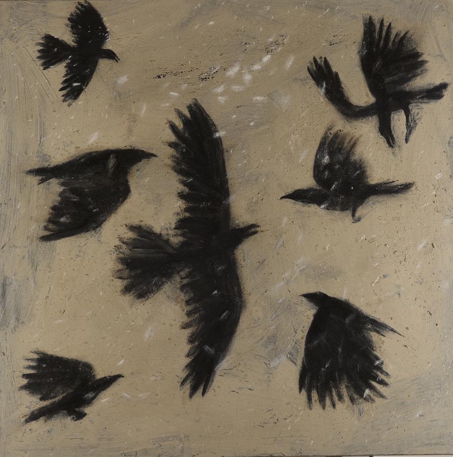 892x900 Snow Crows Painting By Sophy White - Abstract Crow Painting