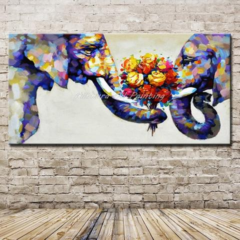 480x480 Mintura Hand Painted Abstract Elephant Couples Oil Paintings - Abstract Elephant Oil Painting