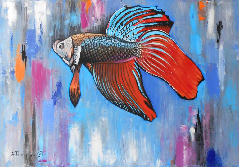 770x537 Saatchi Art Fish With Abstract Background Painting By Alexander - Abstract Fish Painting