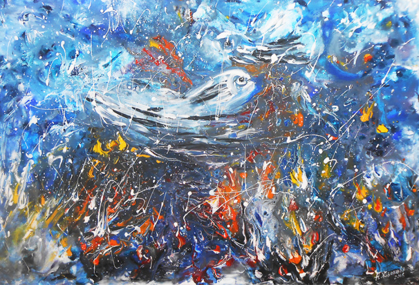 606x413 Abstract Blue Fish Print Fantasy Animal Painting - Abstract Fish Painting