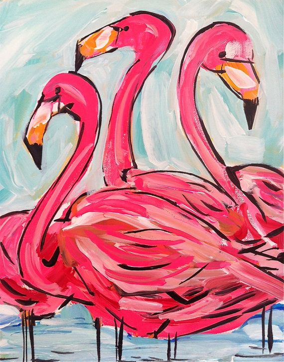 570x727 Flamingo Painting, Hot Pink, Abstract, Aqua, Wall Art, Original - Abstract Flamingo Painting
