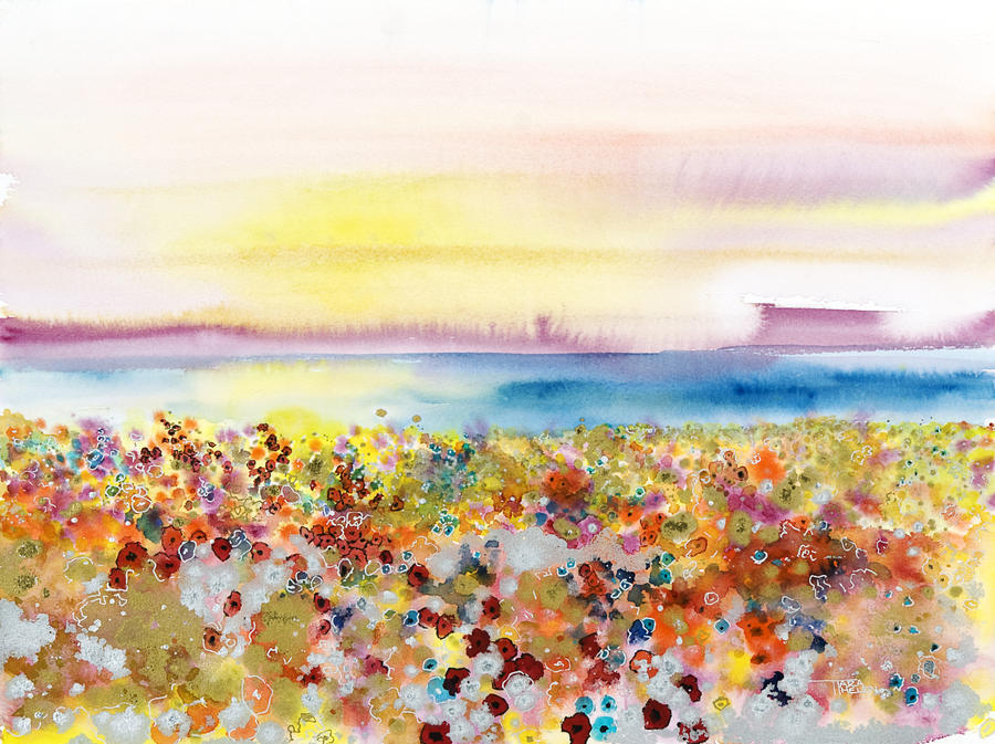 900x673 Field Of Joy, Abstract Landscape Of Bejeweled Field Of Flowers - Abstract Flower Watercolor Painting