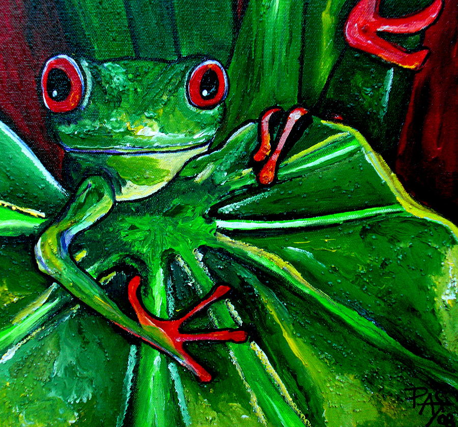 900x840 Curious Tree Frog Painting By Patti Schermerhorn - Abstract Frog Painting