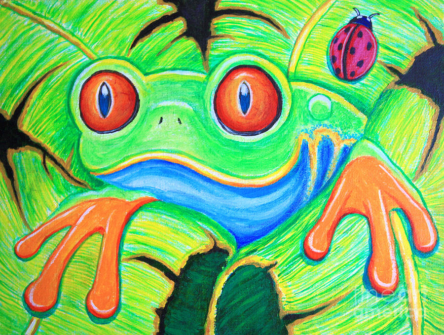 900x679 Watching You Red Eyed Tree Frog Painting By Nick Gustafson - Abstract Frog Painting