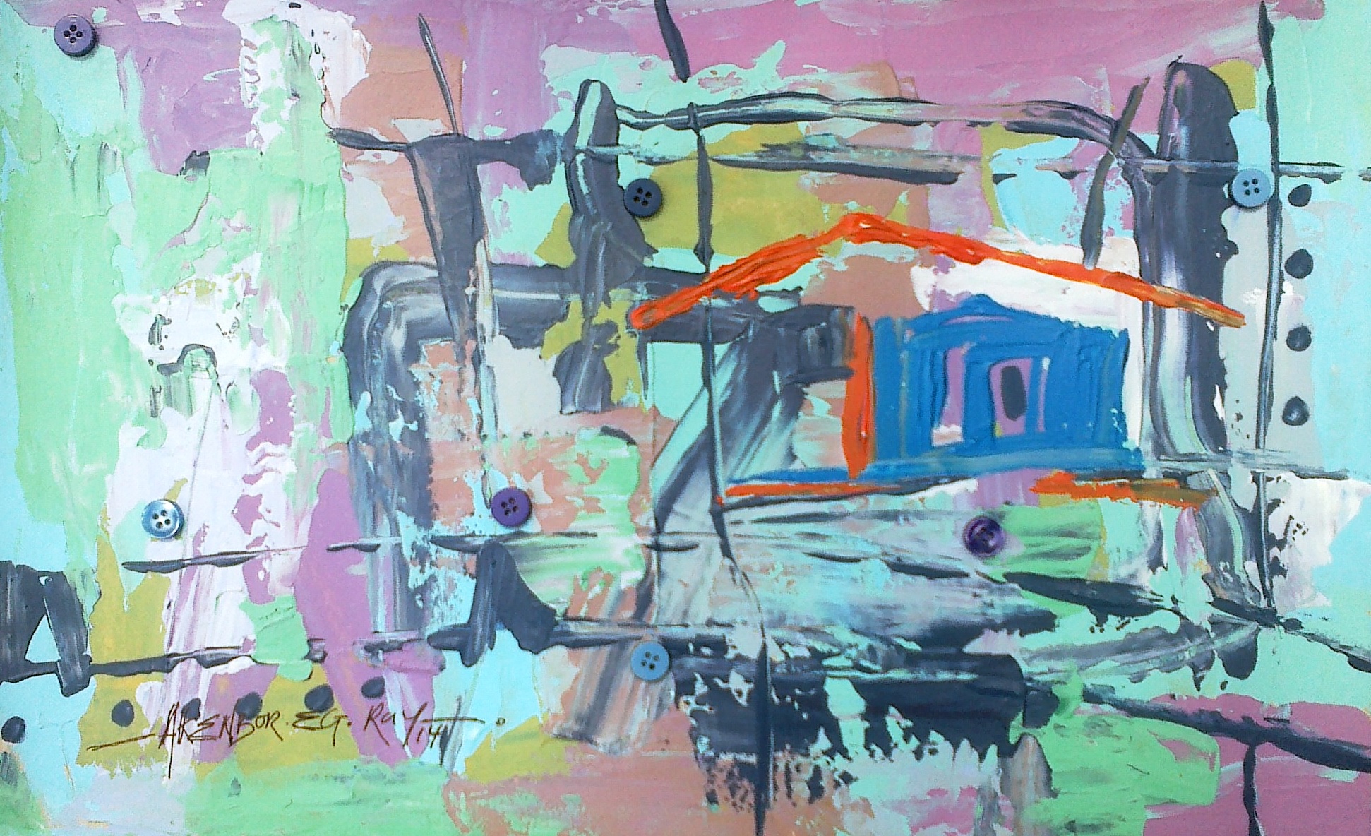 1942x1184 A Small Sized Abstract Mixed Media Painting On Chipboard, Titled - Abstract House Painting