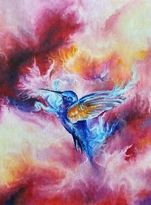 221x300 Hummingbird Original Print Realism Abstract Signed Modern Art Red - Abstract Hummingbird Painting