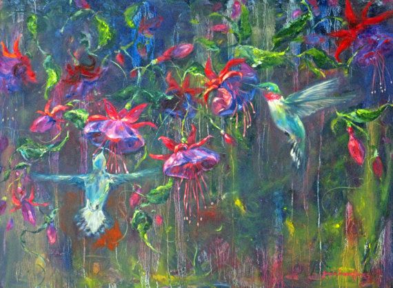 570x418 Reserved For Kelly Hummingbird Original Oil Painting Large Impasto - Abstract Hummingbird Painting