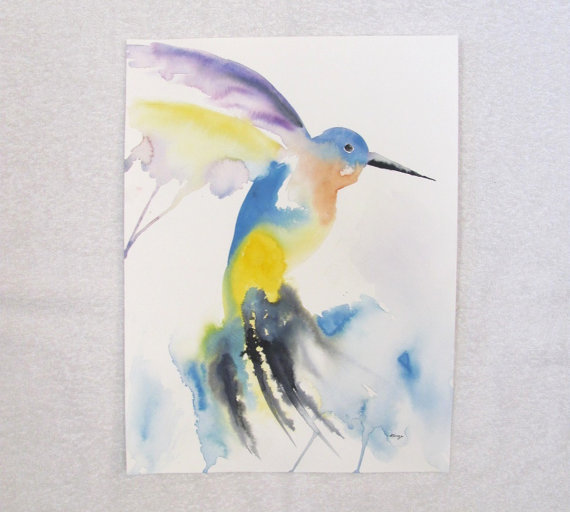 570x512 Abstract Hummingbird Original Watercolor Painting 12x16 - Abstract Hummingbird Painting