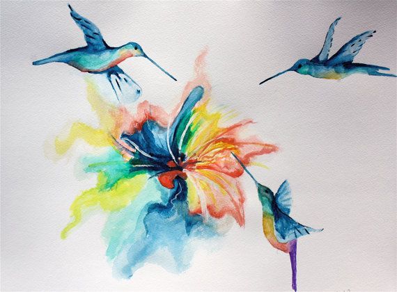570x420 Abstract Hummingbirds Watercolor Painting Rainbow Nature Animal - Abstract Hummingbird Painting