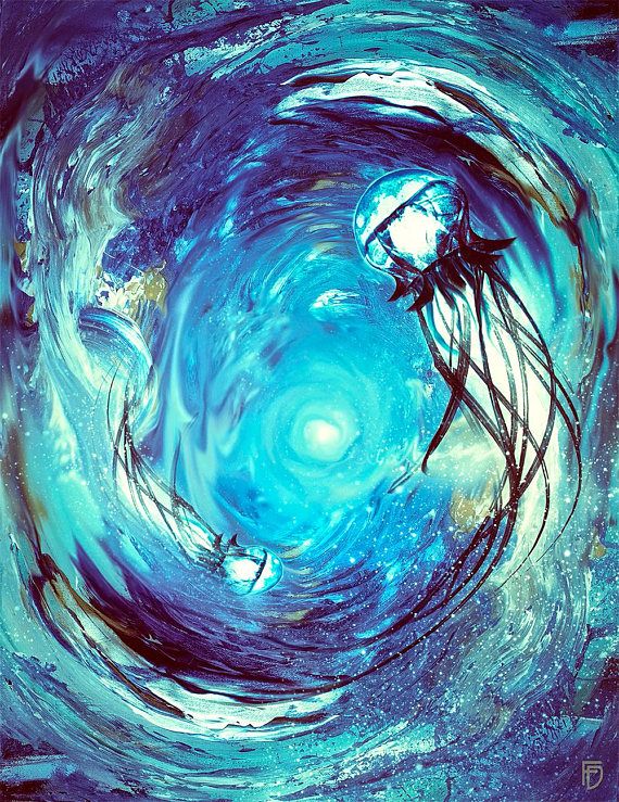 570x739 Jellyfish Canvas Surreal Jellyfish Painting Blue Ocean Wall - Abstract Jellyfish Painting