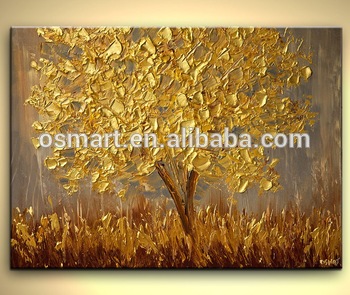 350x295 Gold Money Tree Knife Oil Painting New Year Decor 100% Pure Hand - Abstract Knife Oil Painting