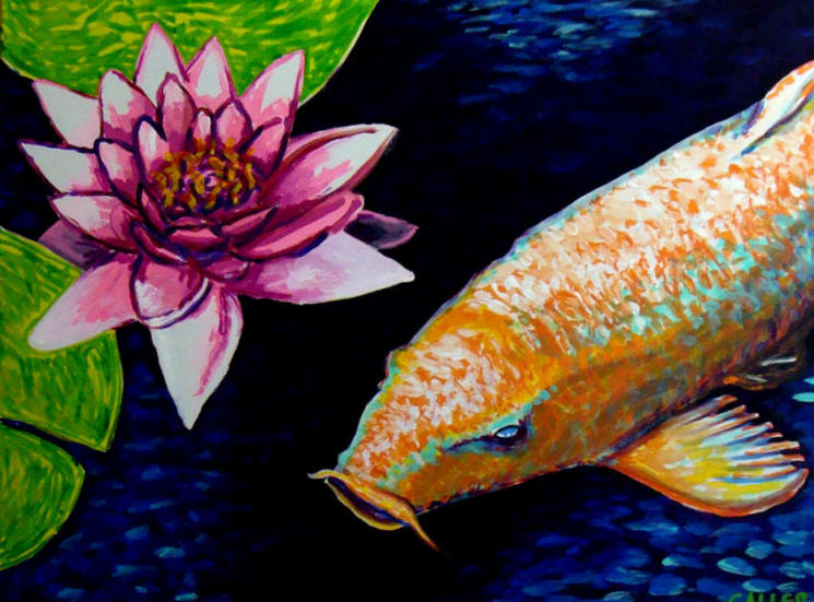 745x551 Koi And Lotus Primitive Abstract Folk Art Painting - Abstract Koi Fish Painting