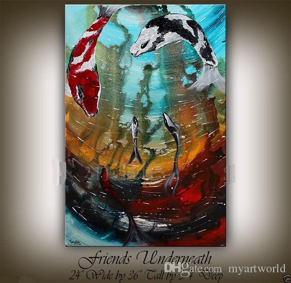 570x554 Online Cheap Framed Ocean Art Fish Painting,handpainted Blue Sea - Abstract Koi Fish Painting