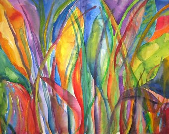 340x270 Art Painting Abstract Tropical Floral Watercolor Bird - Abstract Leaves Painting