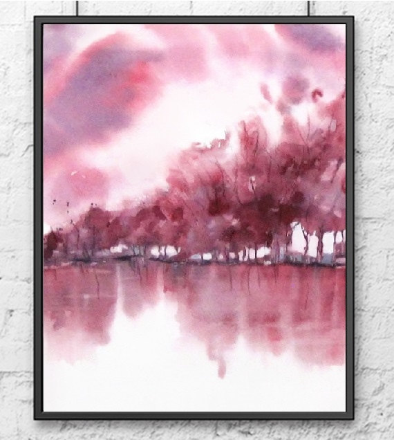 570x636 Landscape Art Red Wall Art Abstract Watercolor Painting - Abstract Monochromatic Painting