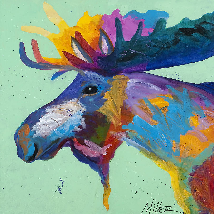900x897 Moose In Green Painting By Tracy Miller - Abstract Moose Painting