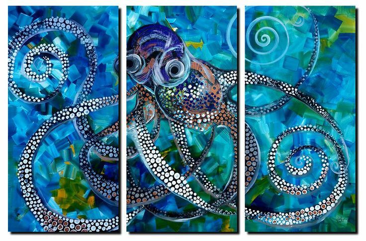 736x484 Abstract Octopus Painting! Original, Triptych, On Three 24x48 - Abstract Octopus Painting