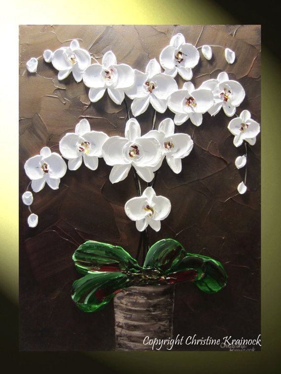 570x760 Original Abstract Textured Painting Orchids White Flowers Modern - Abstract Orchid Painting