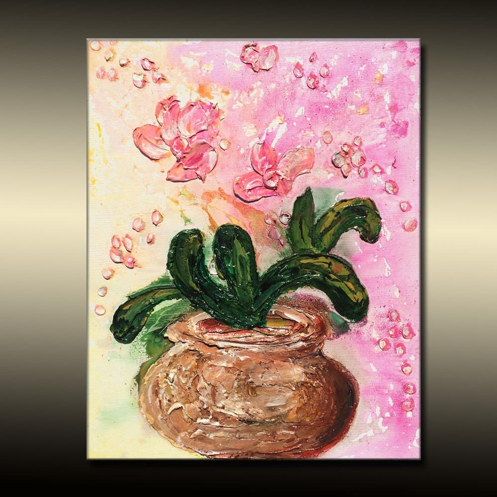 1000x1000 Original Textured Abstract Art, Contemporary Pink Orchid Flowers - Abstract Orchid Painting