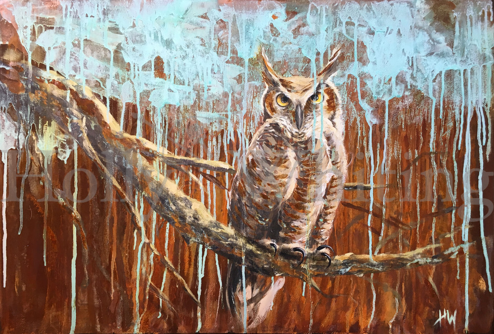 1000x676 Owl On Branch Painting, Great Horned Owl, Owl Art, Abstract - Abstract Owl Painting