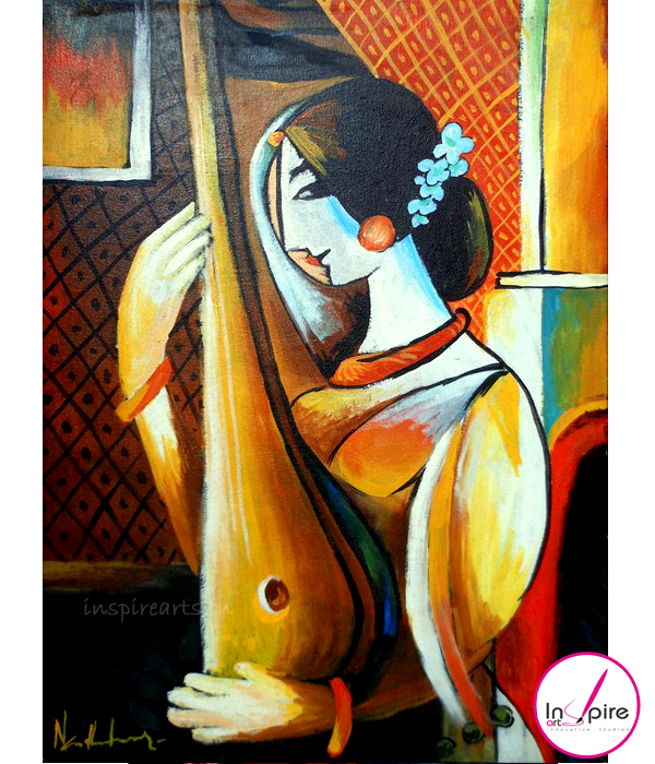 600x700 Lady With Tambura Abstract - Abstract Painting Of A Woman