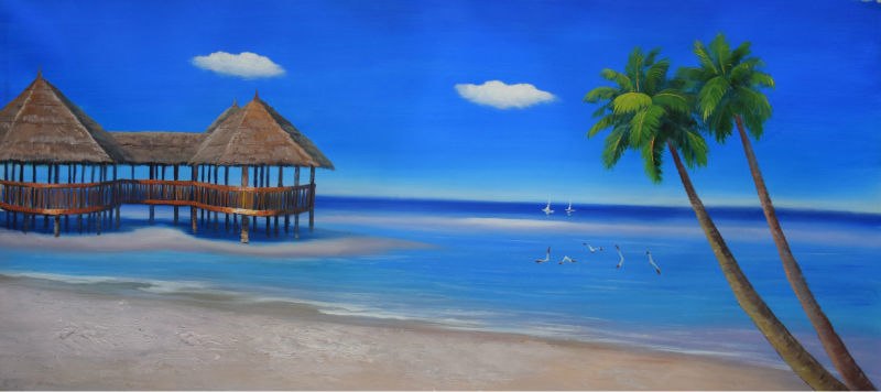 800x356 Hand Painted Canvas Painting Modern Abstract Palm Trees Blue Beach - Abstract Palm Tree Painting