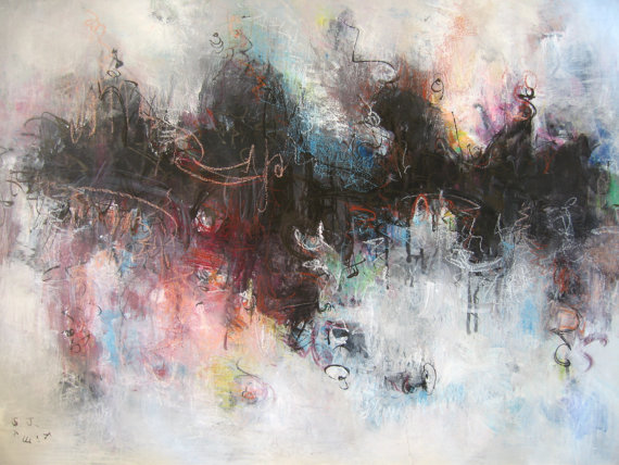 570x428 Original Abstract Pastel Painting Seascape Art Gray Black Blue - Abstract Pastel Painting