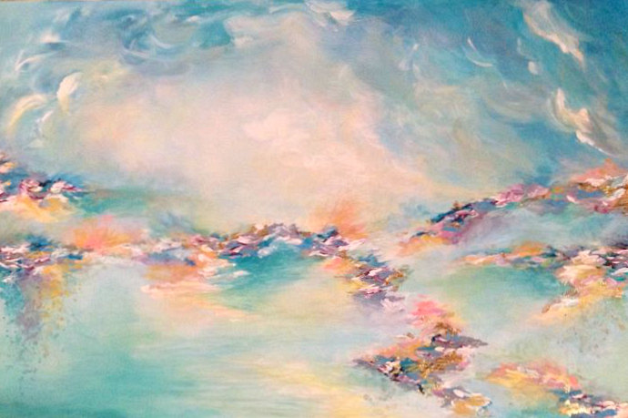 690x459 Sea To Sky Colorful Original Pastel Aqua Turquoise Blue Pink - Abstract Pastel Painting