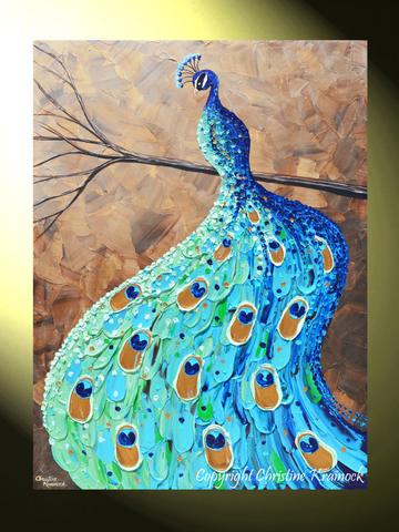 360x480 Giclee Print Art Abstract Peacock Painting Modern Blue Canvas - Abstract Peacock Painting
