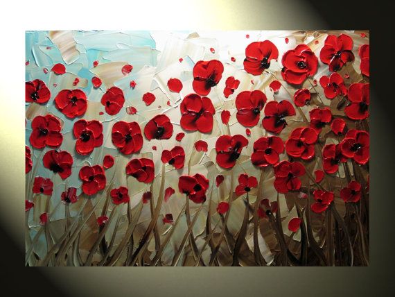 570x428 Original Abstract Textured Painting, Red Poppy Painting, Modern - Abstract Poppy Painting