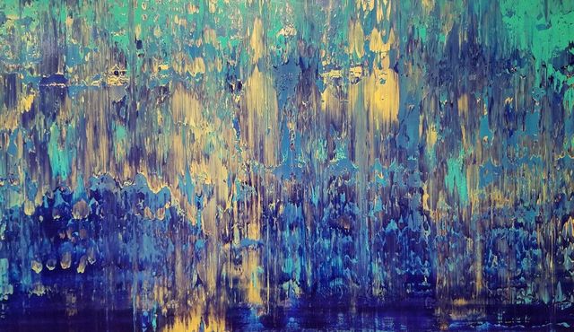 640x370 Paulo Flatau Artwork Golden Rain Original Painting Acrylic - Abstract Rain Painting