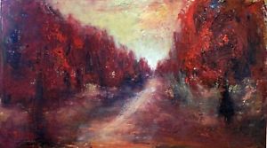 300x167 Original Oil Painting Red Trees Pathway Abstract Realism Art 36x20 - Abstract Realism Painting