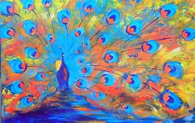400x252 Peacock Art Original Abstract Realism Painting Colorful 50x32 By - Abstract Realism Painting