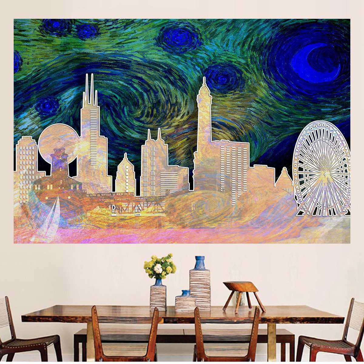 1200x1200 Starry Chicago Abstract Silhouette Wall Graphic - Abstract Silhouette Painting