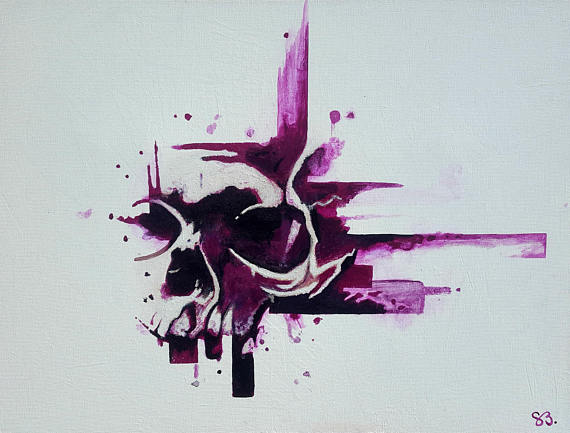 570x433 Skull Painting Original Abstract Acrylic Wall Art Purple - Abstract Skull Painting