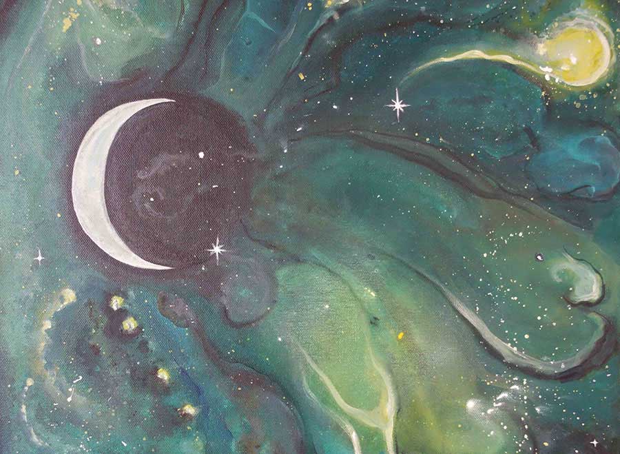 900x659 Crescent Moon Painting, Original Crescent Moon Starry Sky Painting - Abstract Sky Painting