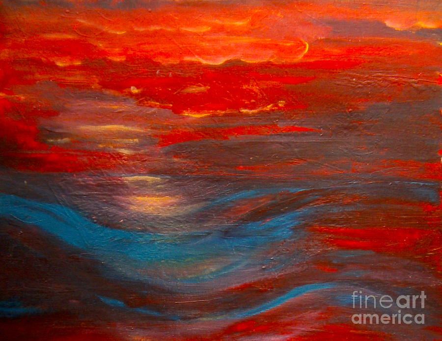 900x694 Red Sunset Abstract Painting By Nancy Rucker - Abstract Sunset Painting