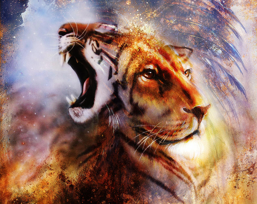 900x715 Lion And Tiger Face Profile Portrait, On Colorful Abstract Feather - Abstract Tiger Painting