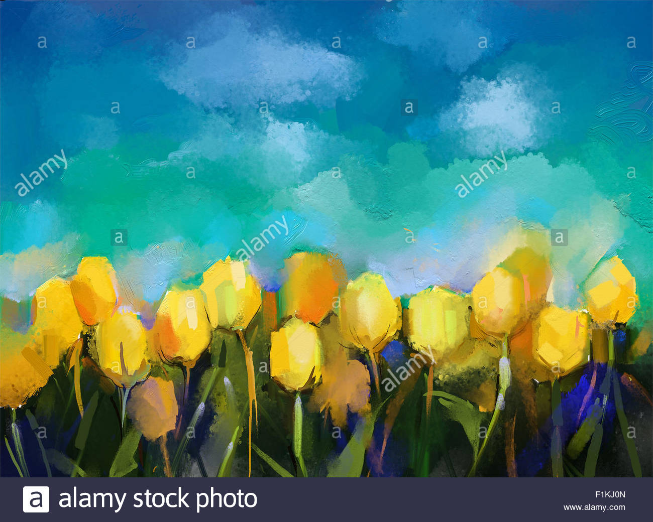 1300x1040 Abstract Yellow Tulips Flowers Oil Painting. With Blue Sky - Abstract Tulip Painting