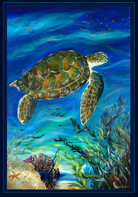 450x639 Swimming By The Sea Turtle Painting Sold - Abstract Turtle Painting