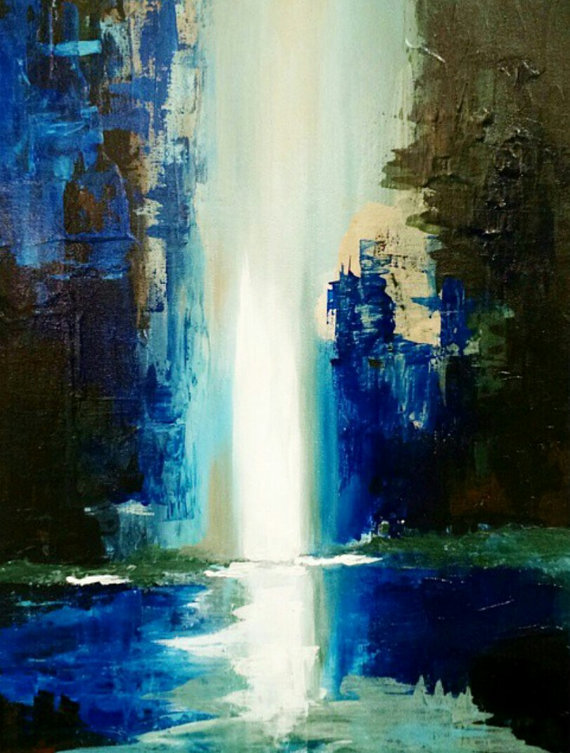 570x753 Abstract Acrylic Waterfall Painting Blue Coastal - Abstract Waterfall Painting