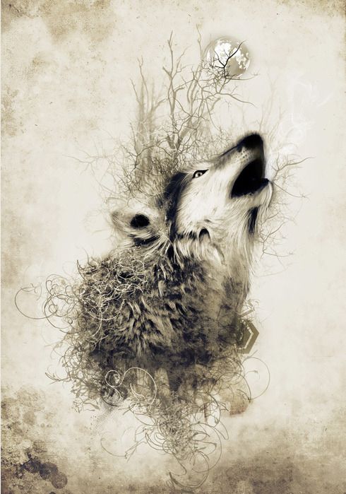 490x699 Black And White Trees And Water And A Wolf Paintings Abstract - Abstract Wolf Painting