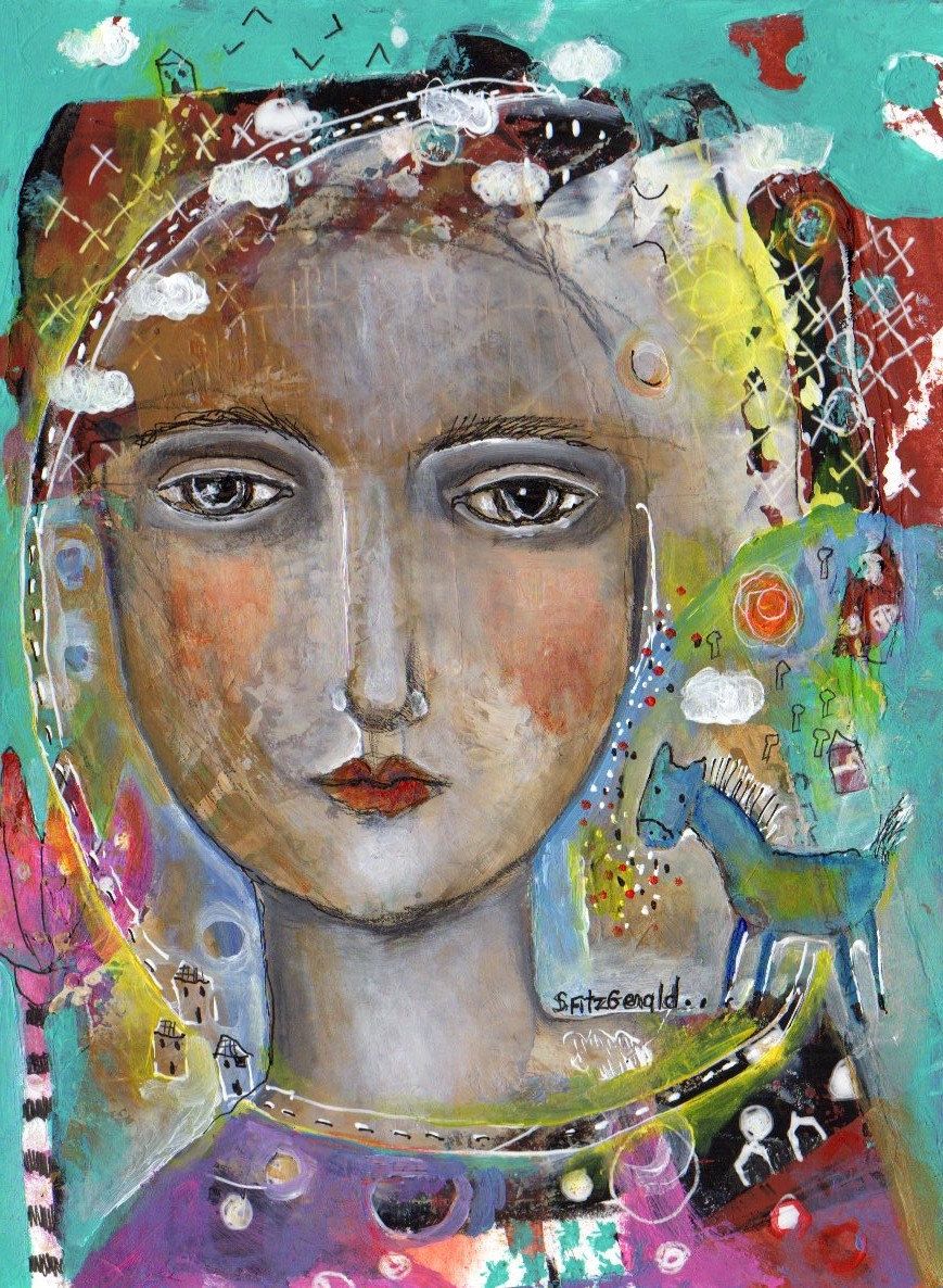 869x1186 Mixed Media Painting Original Modern Abstract Woman Face Pony - Abstract Woman Face Painting