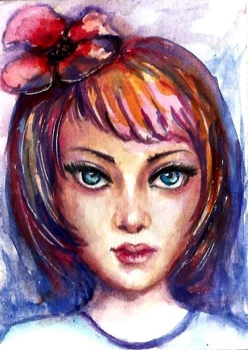 494x697 Aceo Art Card Original Girl Woman Face Lips Fantasy Abstract Women - Abstract Woman Face Painting