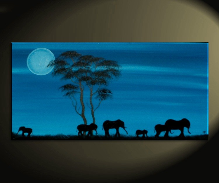 750x627 Blue Painting African Elephant Art Moon Acacia Trees Safari - Acacia Tree Painting