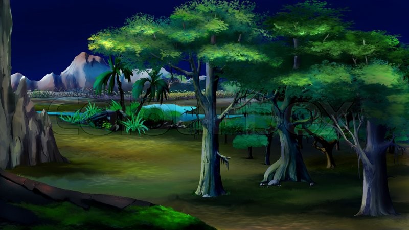 800x450 Digital Painting Of The Acacia Trees In A African Summer Night - Acacia Tree Painting