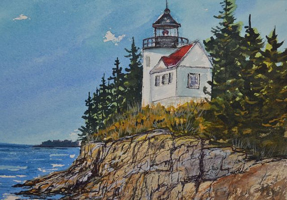 570x397 Bass Harbor Lighthouse Acadia Maine Original Watercolor - Acadia Painting