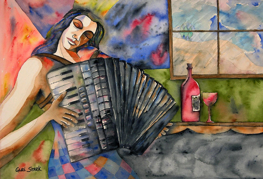 900x613 Music And Wine Painting By Guri Stark - Accordion Painting