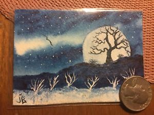 300x225 Aceo Painting Art Moon Fantasy Surrealism Forrest Desert Stars - Aceo Painting